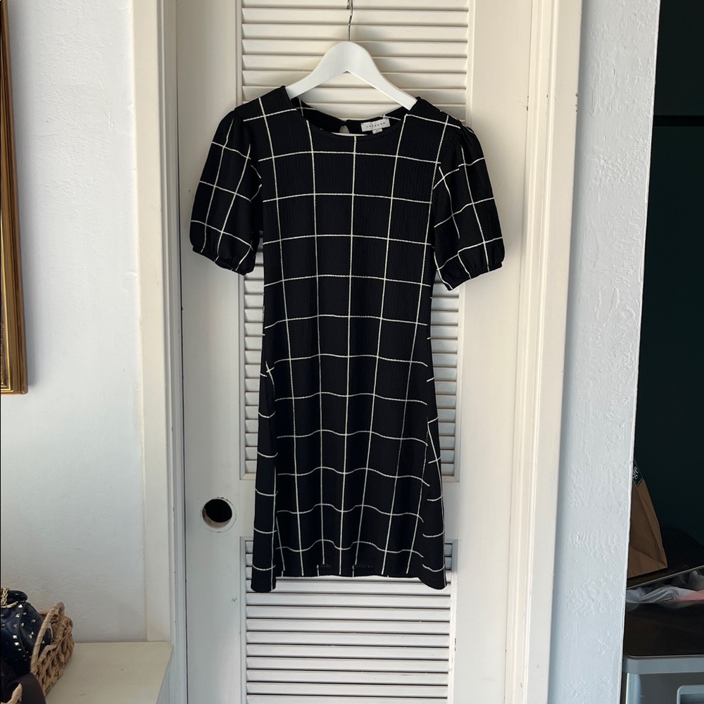 Topshop Black and White Mini Sheath Dress with Puff Sleeves